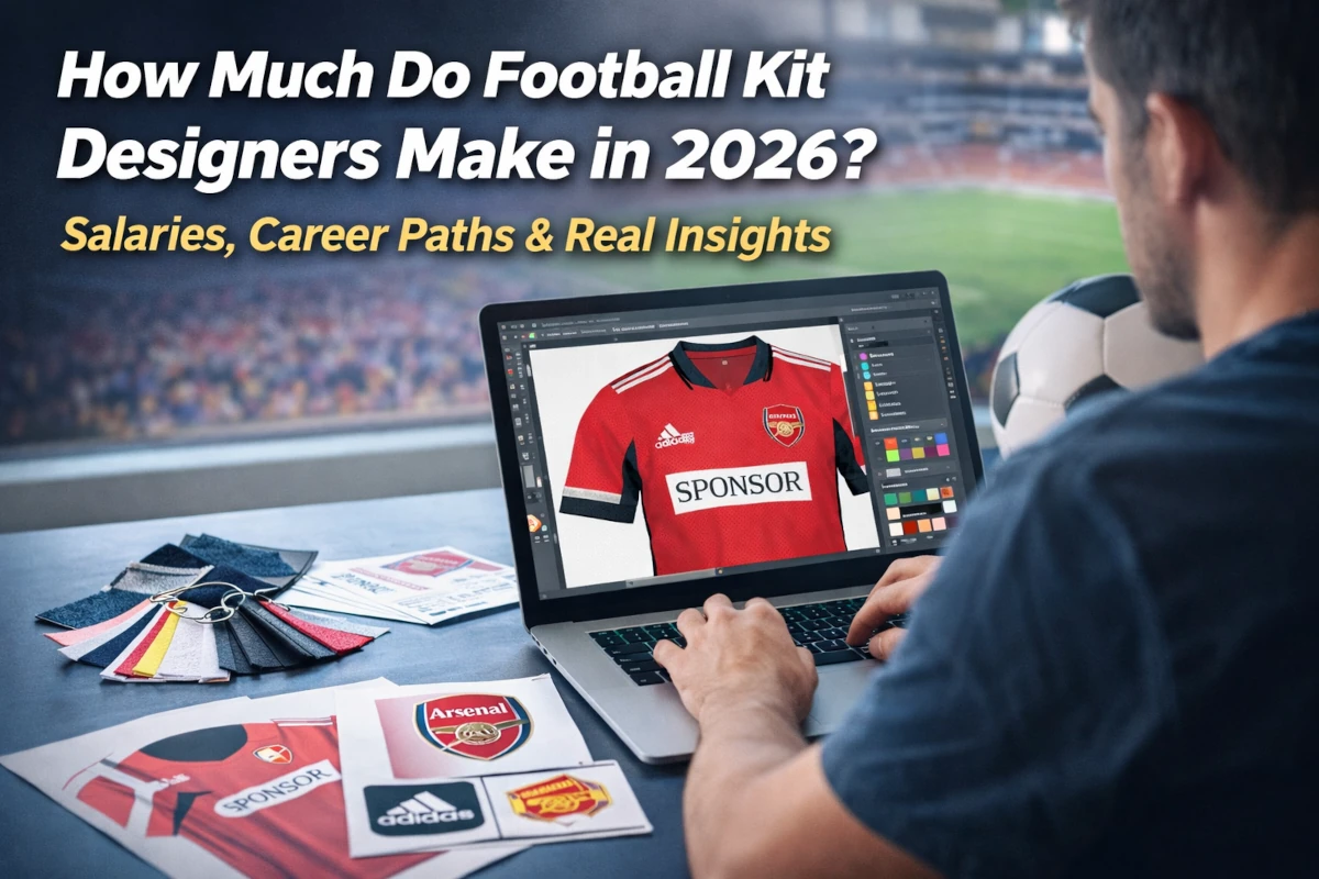 Football kit designer creating a football shirt design on a laptop using professional design tools