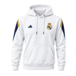 Real Madrid White Hoodie with Navy Blue & Gold Stripes - Image 2