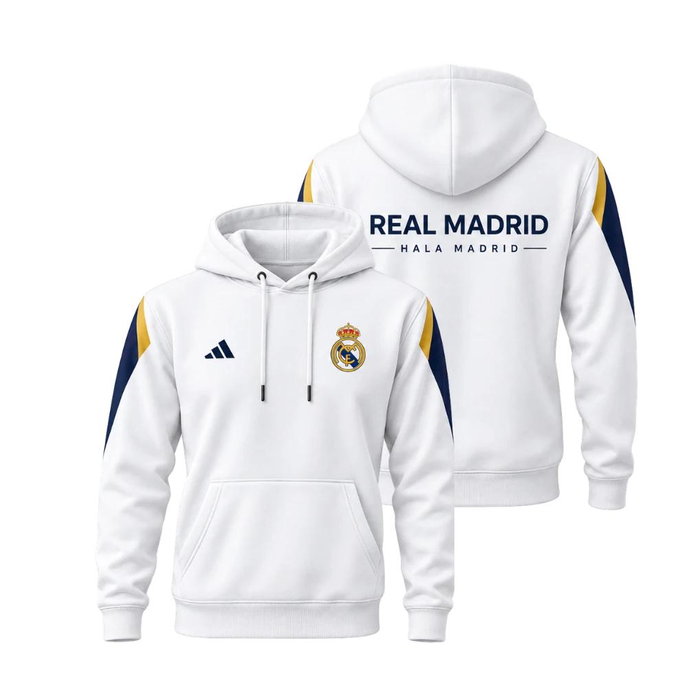 Real Madrid Hoodie Mockup Real Madrid White Hoodie with Navy Blue & Gold Stripes - Image 1