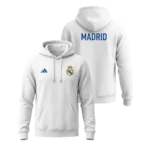 Real Madrid White Hoodie with Blue Logo & Back Print